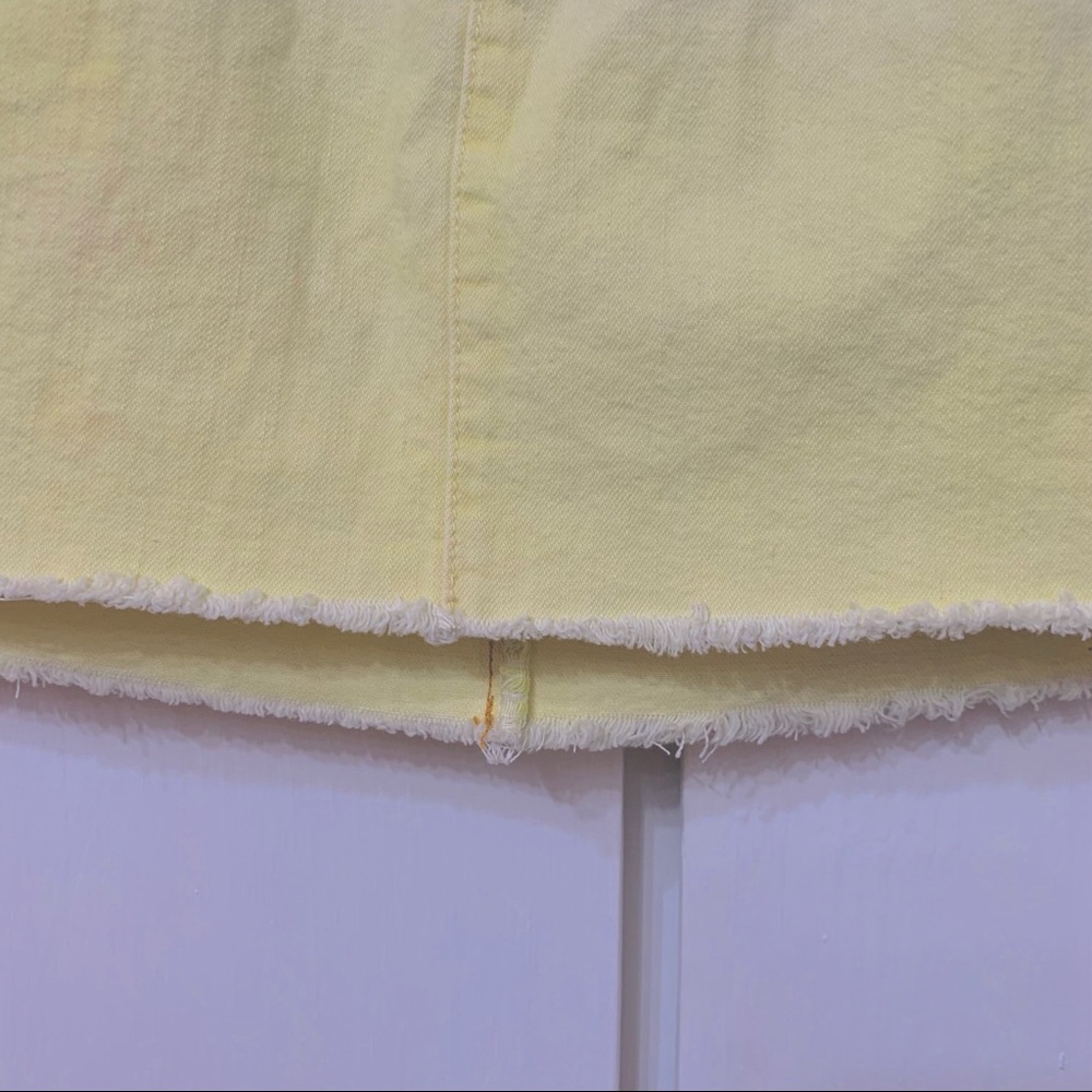 YELLOW TIE DYE DISTRESSED DENIM MINI SKIRT OMBRE SLANT POCKETS RAW HEM - Picture 5 of 11